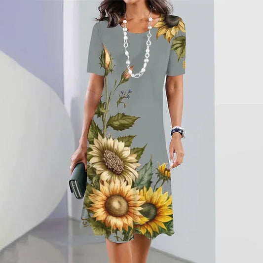New Sunflower Print Women's Dresses Female Elegant Loose Mini Dress Summer Plus Size Short Sleeve Dress Fashion Women's Clothing clothes