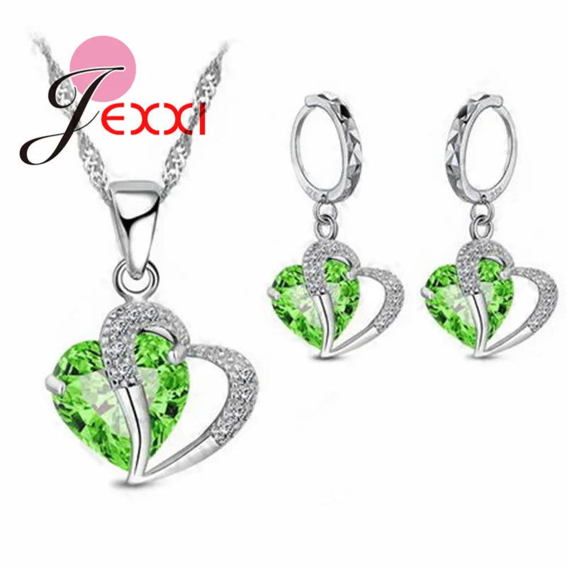 Exquisite Heart Pave 9 Color Cubic Zirconia Pendant 925 Sterling Silver Jewelry Sets For Girls Valentines Day Gift