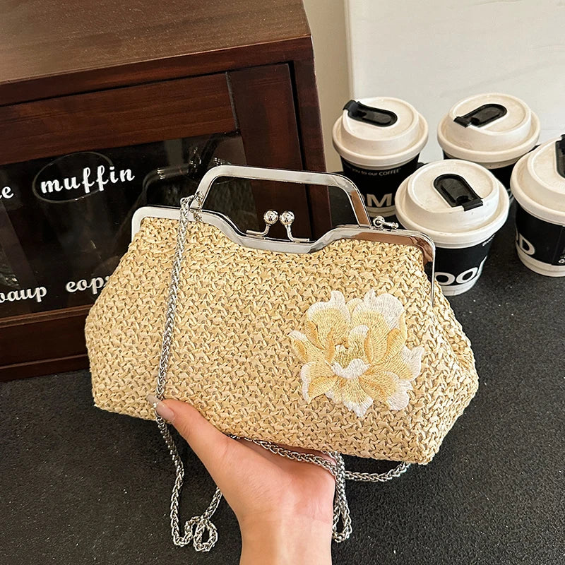 Straw weaving women purse,fashion Embroidered flower handbag for women,lady Beach holiday shoulder crossbody bag,messenger bag