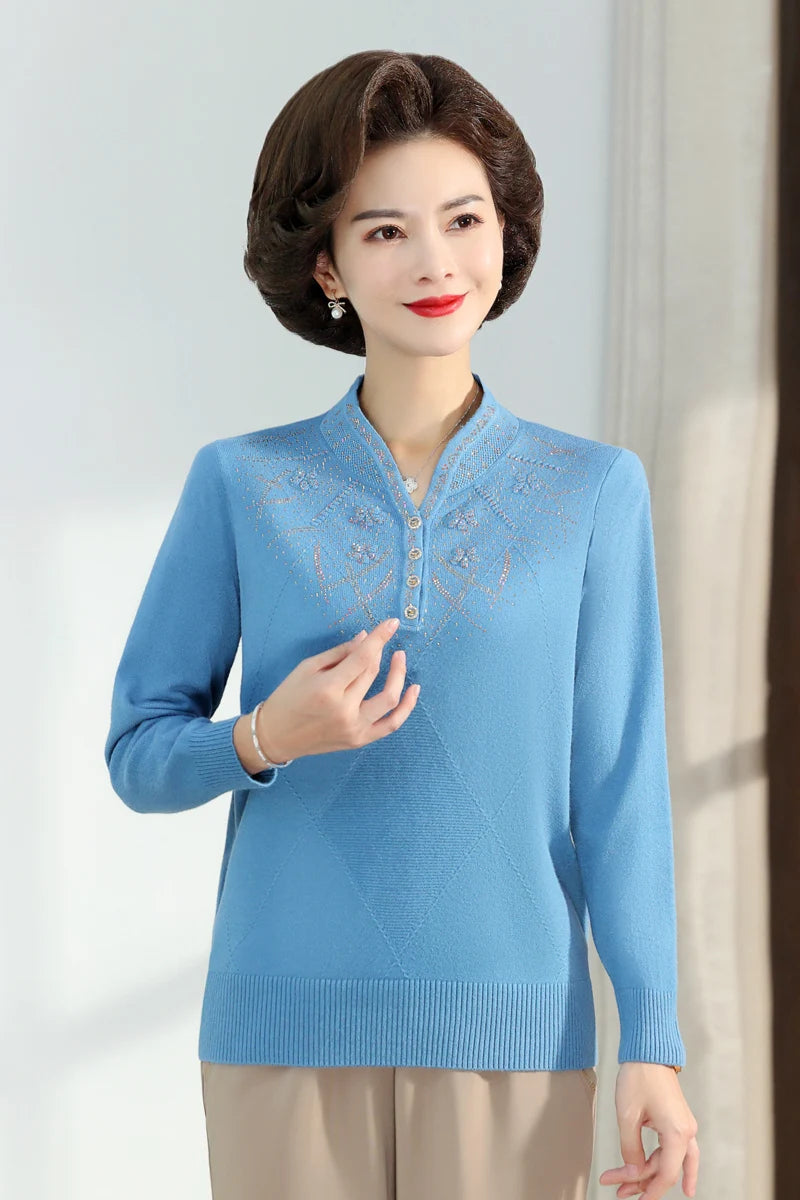 Middle-aged Women's Autumn Sweaters Pullovers V-neck JUmper Hot diamond Knitting Sweater Mother Dress Tops