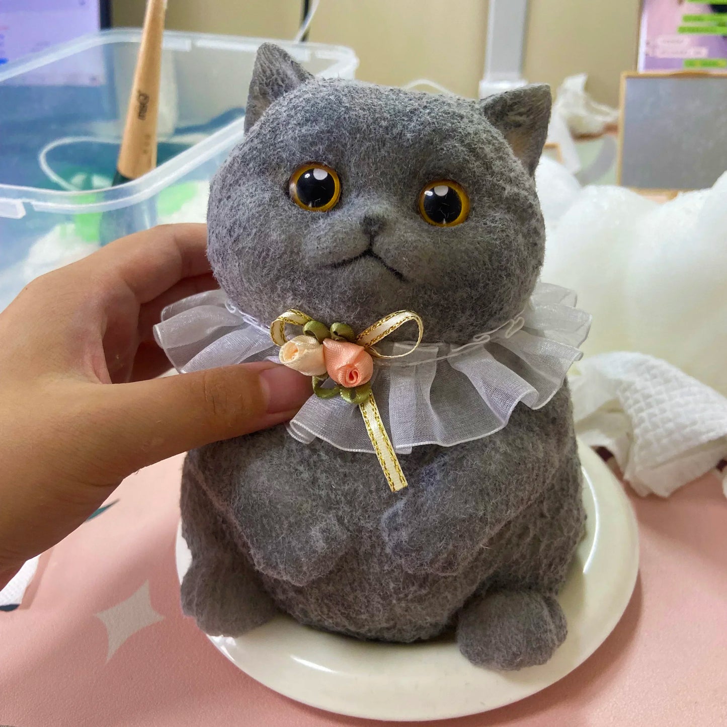 17cm Simulation Silicone Cat Soft Rebound Handmade Toy with Bamboo Basket Bionic Kitten Birthday Gifts Ornament