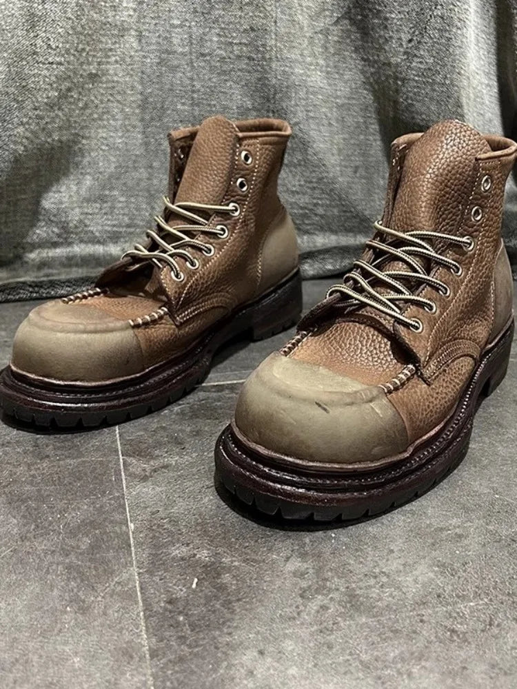 Vintage Mens Cow Genuine Leather Boots Lace Up Cargo High Top Shoes Spliced Personality High Street Mens Motorcycle Short Boots