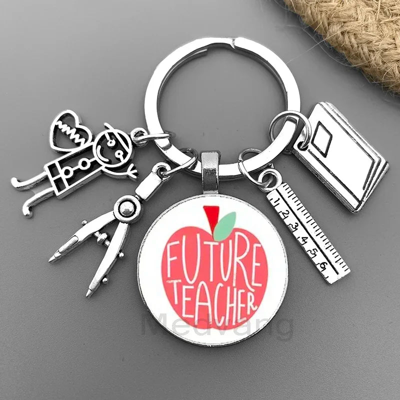 New Thank You Teacher Keychain Gift Thanksgiving Teacher Education Pendant Round Glass Keychain Teacher's Day Jewelry Gift