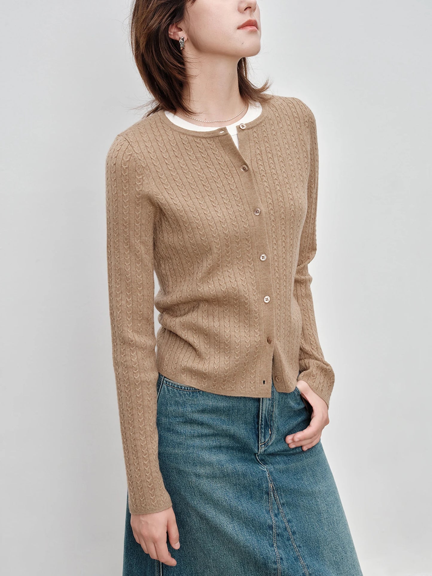 ZIQIAO Petite Purple Twisted Flower Round Neck Knitted Cardigan Women's 2024 Spring Autumn New Style Slimming and High-end Top