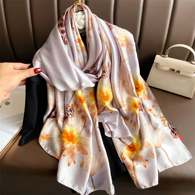 New 2025 180*88cm classic Silk Scarf Women Foulard Office lady Large Fashion Print Beach Hijab Shawl Warp Bandanna Muffler