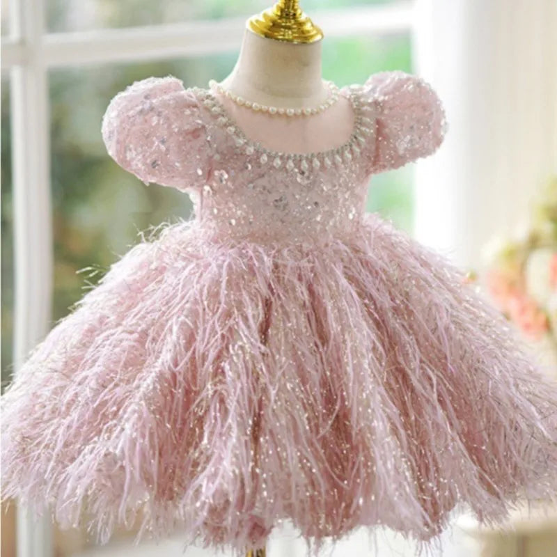 Fashion kids Girl Sequins Feather Dress Puffy Sleeve Pearl Vestido 2-14Y