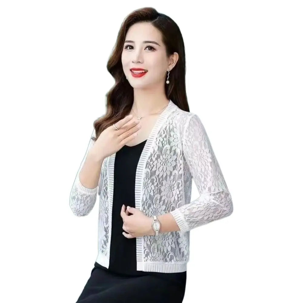 Summer Tie Up Women's Cardigan Breathable Beach Air-Conditioning Shirt Floral Lace Sun Protection Clothing Women