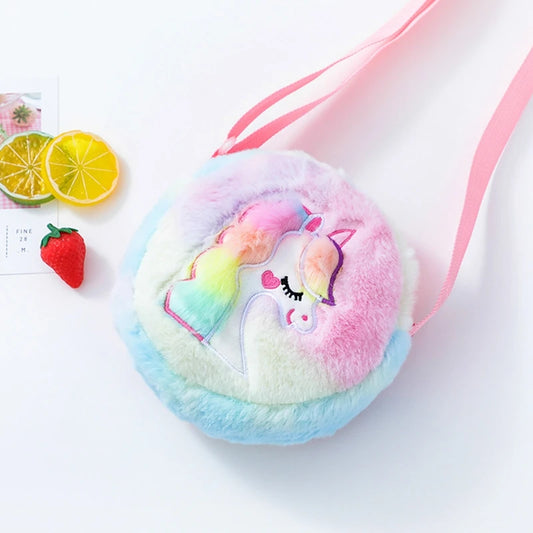 Animal Embroidery Handbags Tie Dye Unicorn Plush Crossbody Bags Winter Furry Shoulder Purse Kids Cartoon Study Tools Wallets