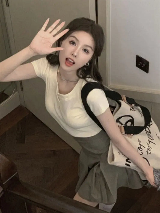 Summer Sweet Salt Wear Petite Imperial Sister Ageing Casual Fashion College Style Top Half-body Skirt Two-piece Suit clothes