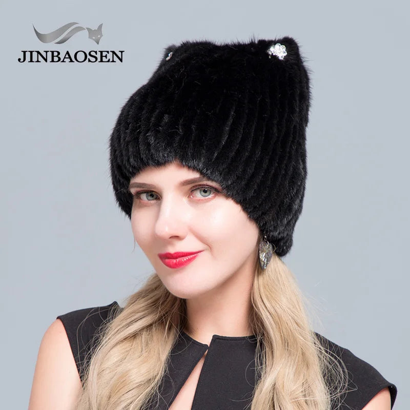 JINBAOSEN Winter Women's Mink Fur Hat Knitted Sweater Hat New Fashion Cat Ears Style European And American Style Ski Caps