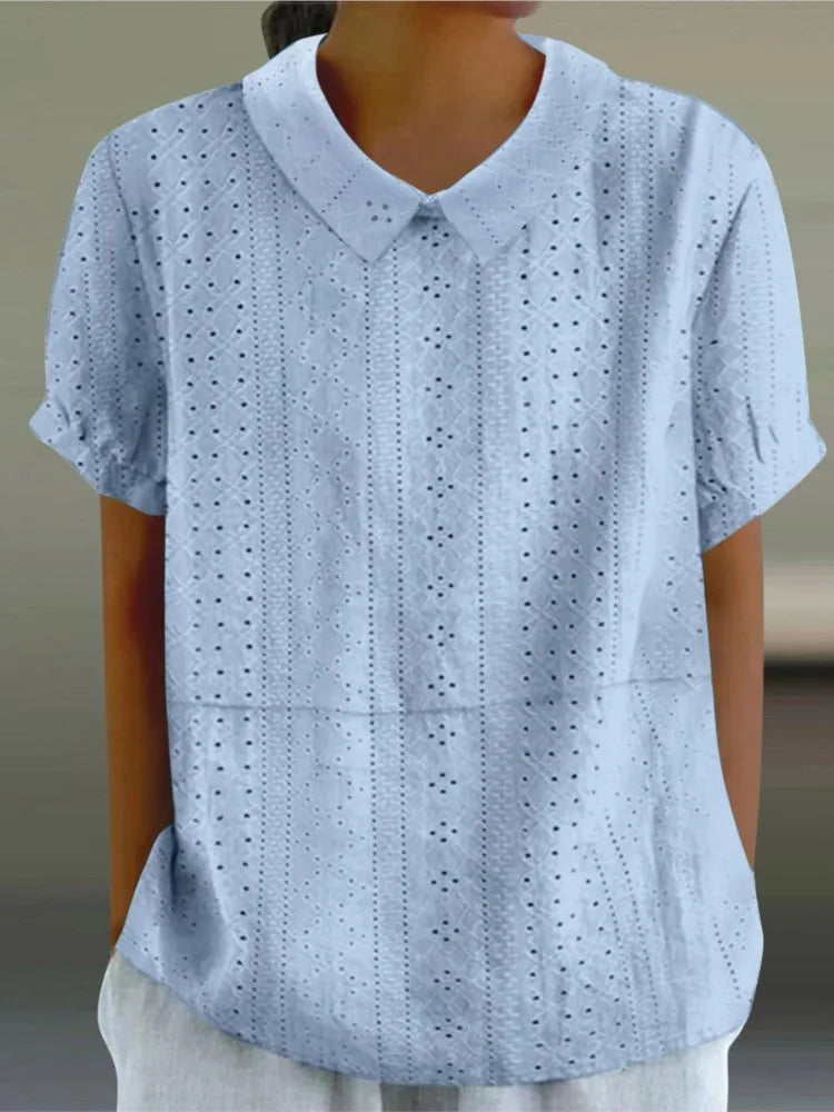 Elegant Hollow Turn-Down Collar Blouse Shirt Top Button Short Sleeve Women Blouse Casual Summer Fashion Female Tops
