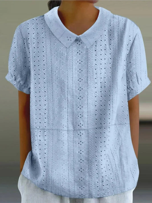 Elegant Hollow Turn-Down Collar Blouse Shirt Top Button Short Sleeve Women Blouse Casual Summer Fashion Female Tops
