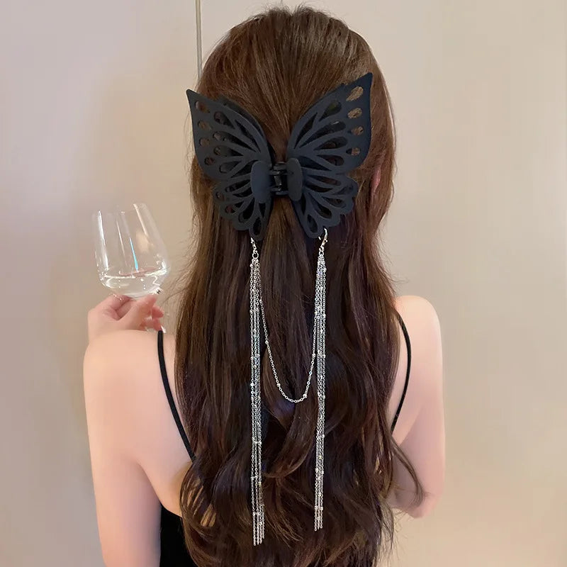 Long Tassel Butterfly Hair Clips for Women Headdress Temperament Elegant Hairpin Black Grab Clip Elegant French Hair Accessories