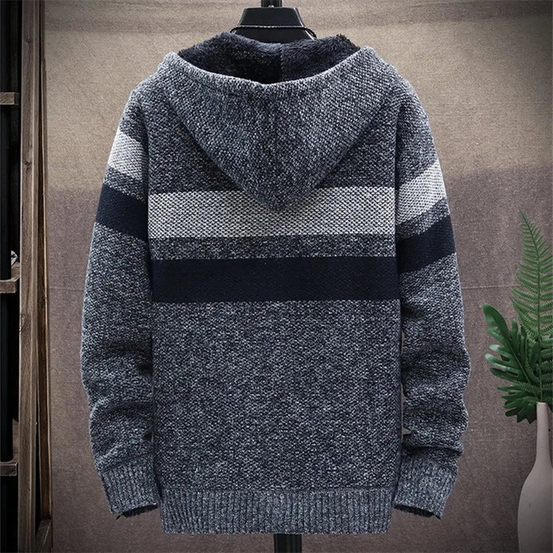 Men's Striped Sweater Coat Thick Fleece Warm Zipper Wool Hooded Cardigan Jumpers Men Long Sleeve Knitted Sweaters