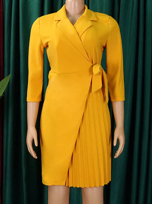 FairyShely 2025 Summer Solid Plus Size Folds Dress Women Long Sleeve Large Big Dresses Lady Belt Party Tight Curvy Short Dress