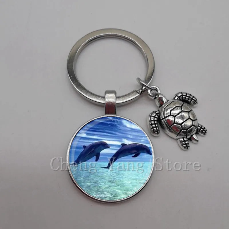 Marine life jewelry turtle dolphin shell keychain key ring glass convex round keychain charm turtle pendant Christmas gift