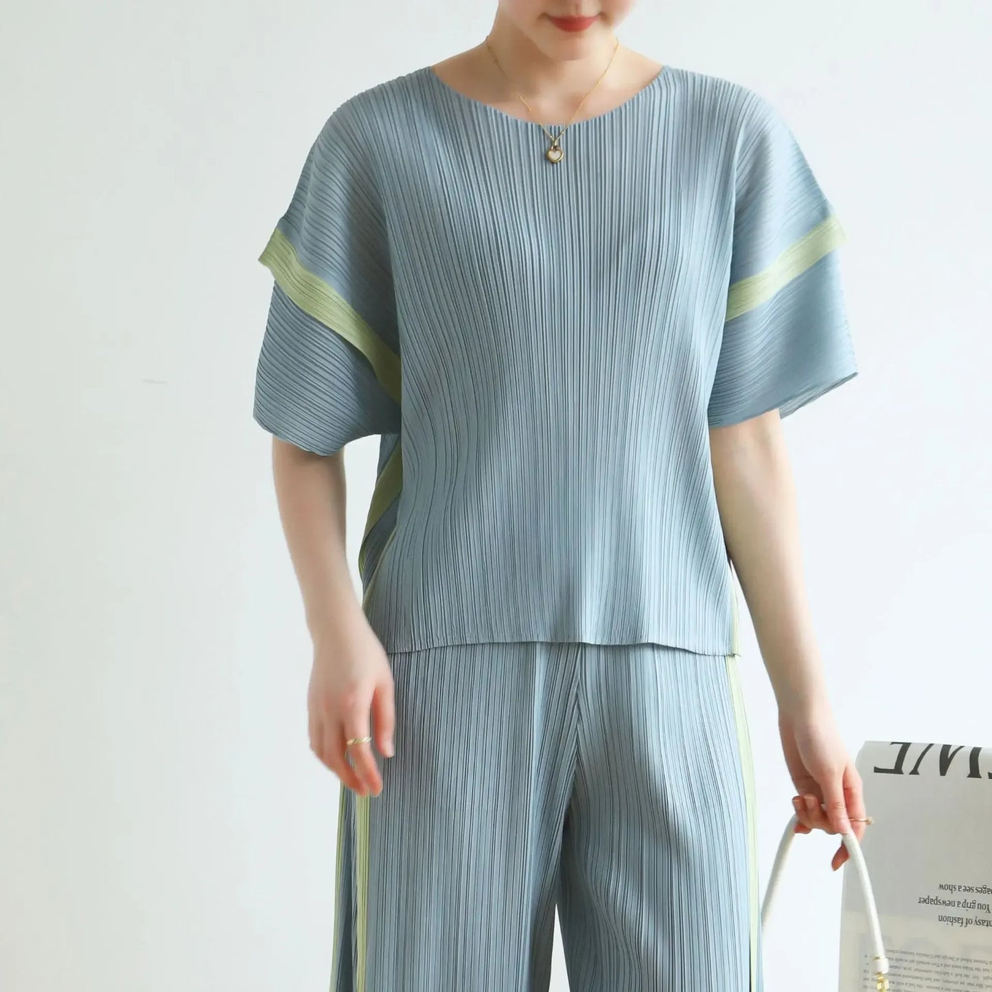 MIA XU Pleats Pants Sets 2025 Summer Miyake High-end Pleats Color Blocking False Two Pieces Fashion Casual T-shirt Pants Set