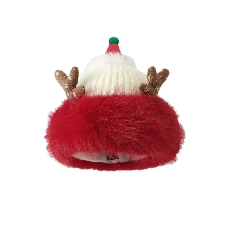 2025 New Years Xmas Party Hats Outdoor Antler Knit Hats Christmas Beanies for Adults Winter Warm Faux Fur Trim Skull Caps