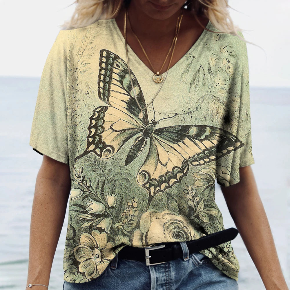 Butterfly Printed Women's T-Shirt clothes 3D V-Neck Cotton Fashion Short Sleeve Tops 2025 Casual Basic Girl's Clothing Harajuku Clothes