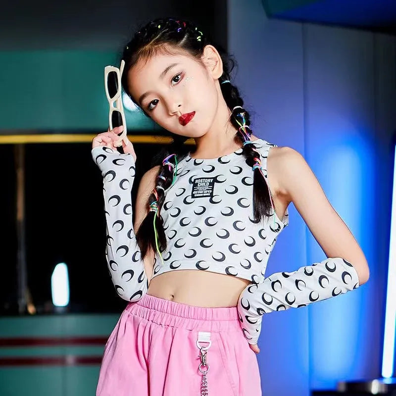 Pink Hip-Hop Street Dance Clothe Rave Clothing Summer Girl Sets K-pop Outfit Crop Tops Cargo Pants Performance Costume 120-170CM