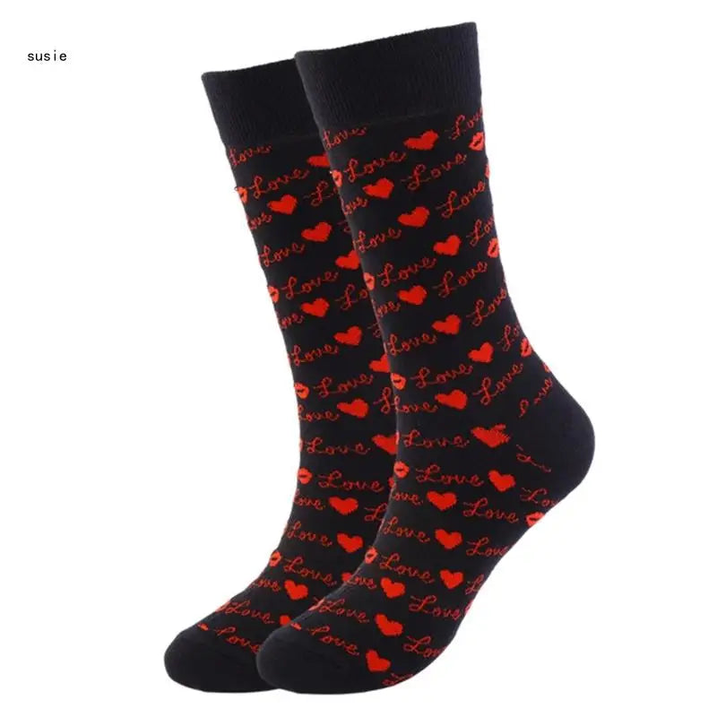 Cotton Middle Calf Socks for Him and Her Heart Lips Pattern for Valentines Day X7YA