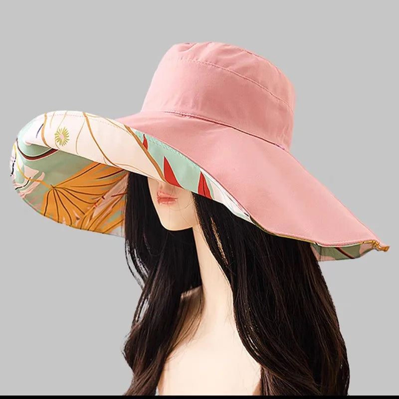 18cm Large Brim Women Sun Hat Luxury Double Sided Wearable Plant Printing Cotton Bucket Cap Light Breathable Summer Top Hat