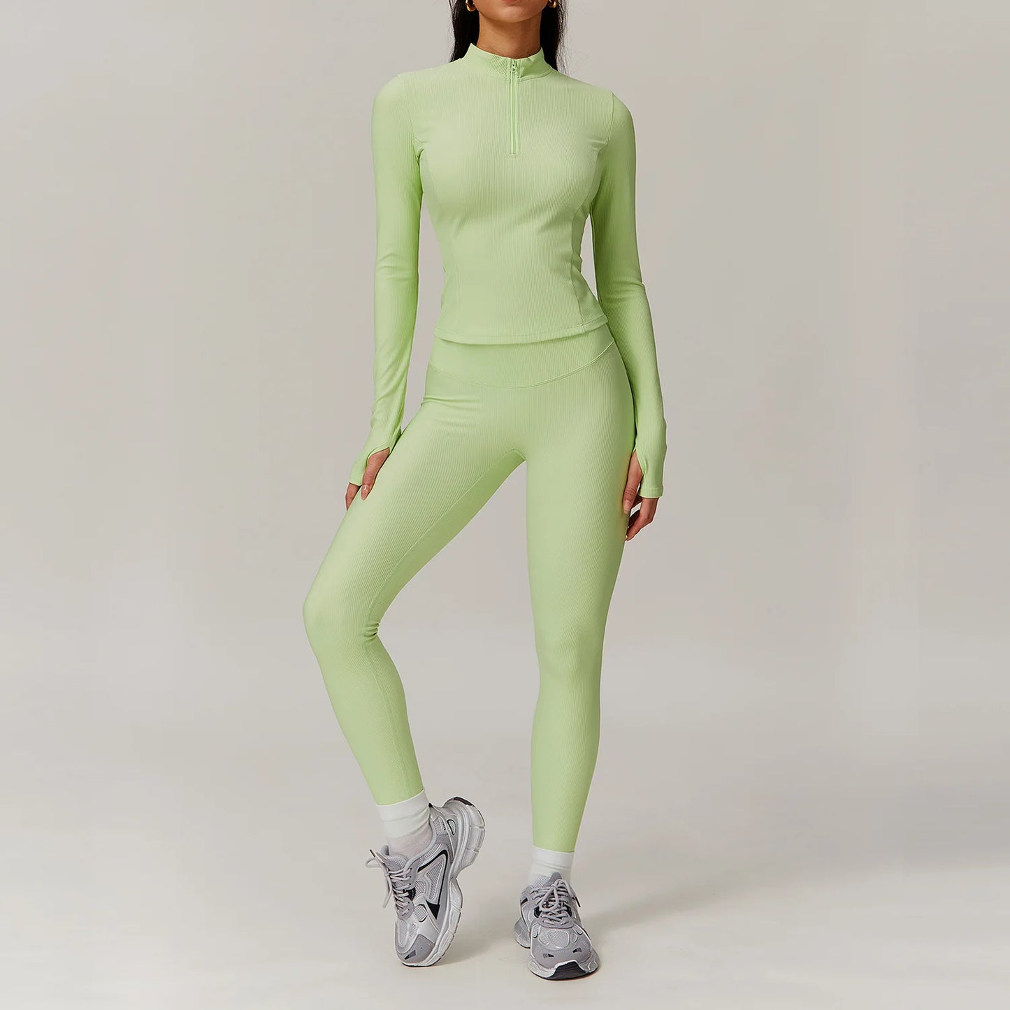 White 2PCS Women Yoga Set Workout Tracksuits Sportswear Gym Clothing Fitness Long Sleeve Jacket Waist Leggings Sports Suit