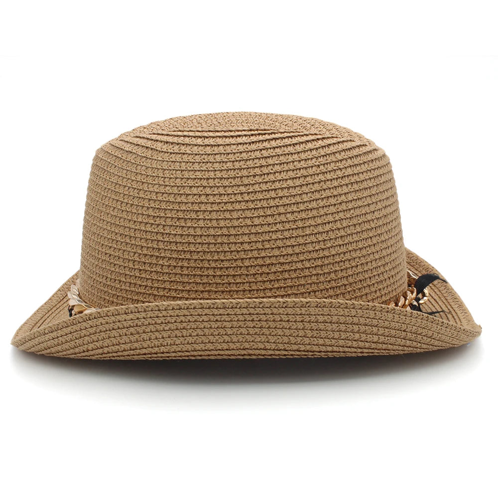 Men Women Summer Solid Straw Homburg Hats Classical Retro Fedora Caps Trilby Sunhat Party Beach Travel Outdoor Adjustable Size