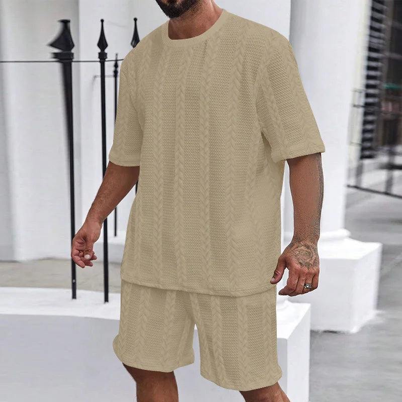 Fashion Summer Men‘s Casual 2-piece Set Streetwear Short Sleeve T Shirt + Shorts Harajuku Sportswear Knitted Tracksuit Clothing