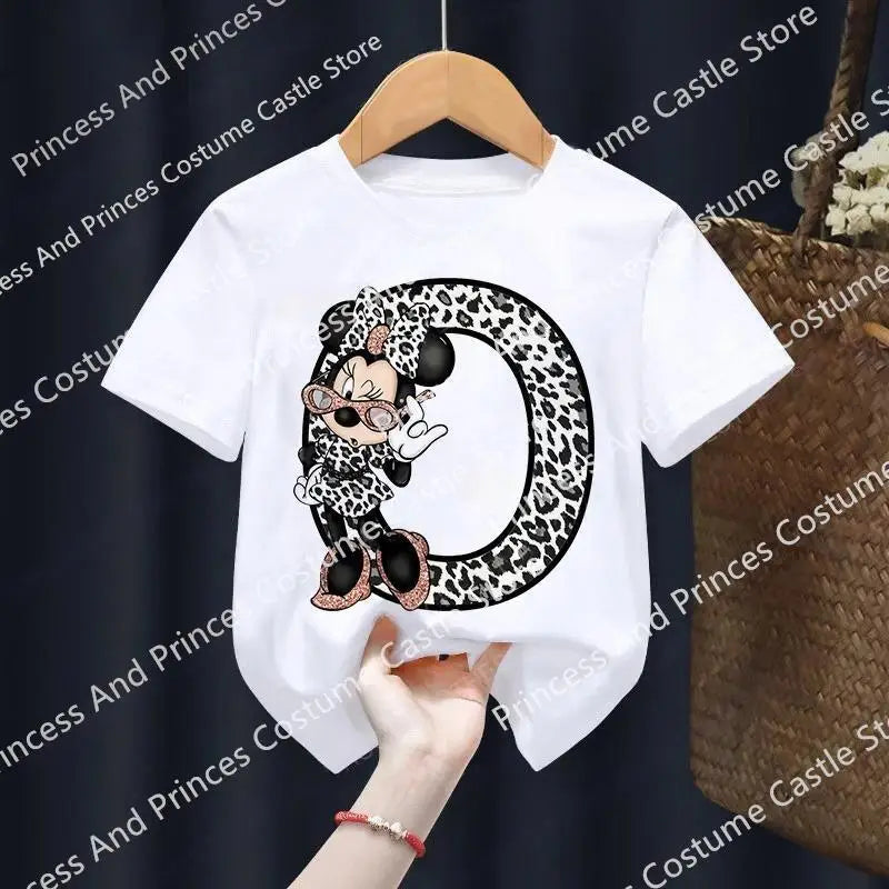 Minnie Letter A B C D Children T-shirt Kawaii Disney Clothes for Girls T Shirt Anime Cartoons Casual Kid Boy Short Sleeve Tops