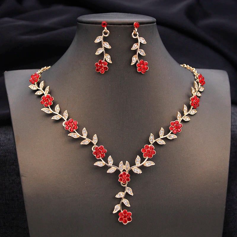3 pcs Pink Bridal Jewelry Sets for Women Crown Flower Choker Necklace Earring Wedding Tiara Bride Costume Accessories