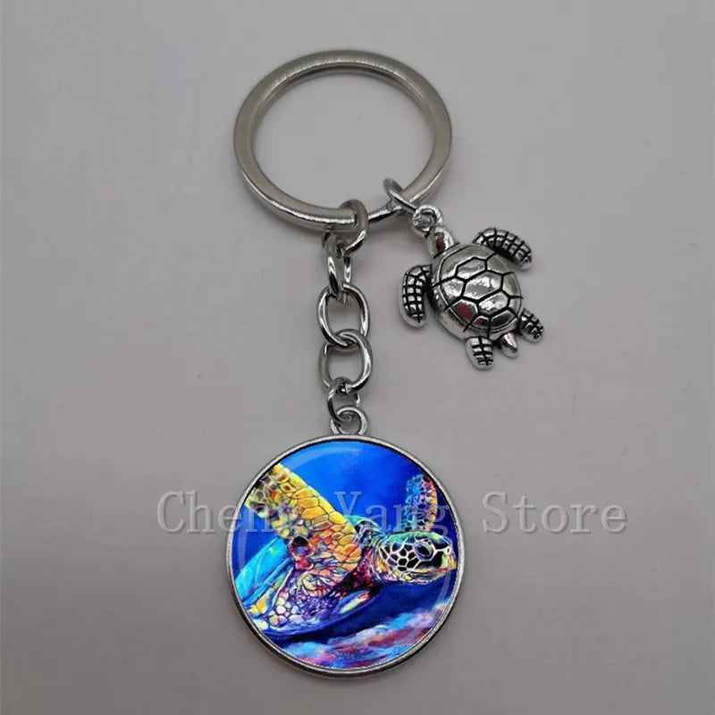 Marine life jewelry turtle dolphin shell keychain key ring glass convex round keychain charm turtle pendant Christmas gift