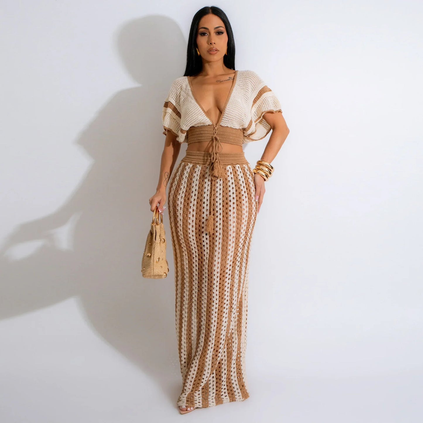 Striped Knitted Two Piece Set Women Outfit Y2K Clothes Clubwear Party Hollow Out V-neck Crop Top and Long Skirt Maxi Dress Sets