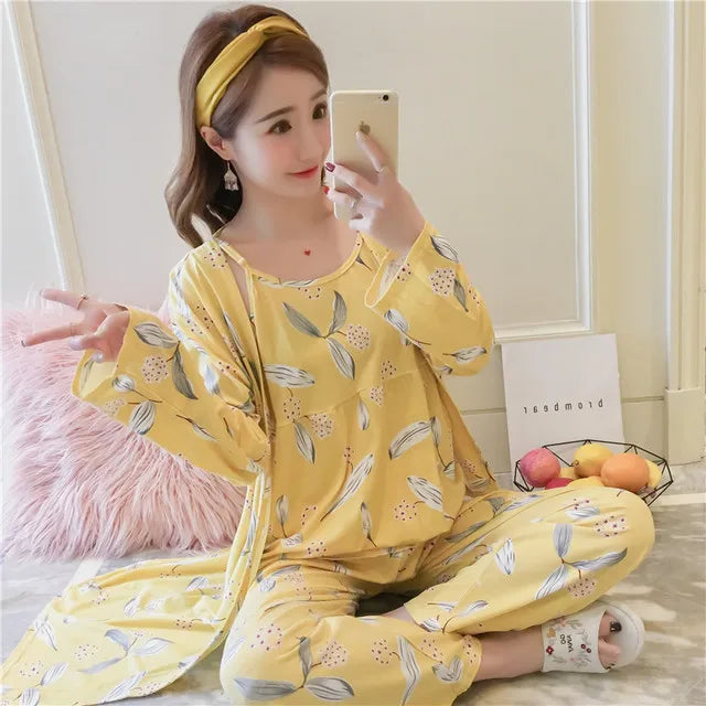 3 Pieces Women Japan Kimono Pajamas Cotton Sleepwear Pijama Soft Home Clothing Floral Printing Sleep Lounge Pyjama Pyjamas Set