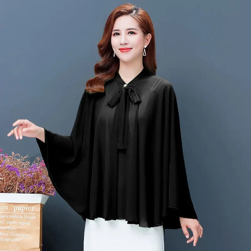 2025 Summer New Shawl Chiffon Sunscreen Clothes Women Lace Up Cloak  Thin Air Conditioning Cardigan Lady Poncho Capes Black