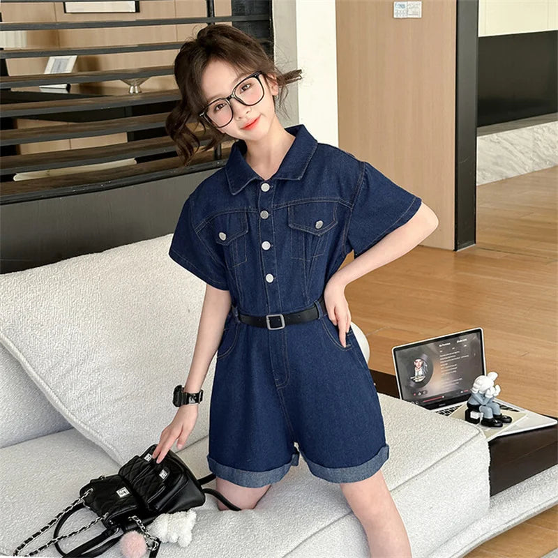 Girls' summer jumpsuit 2024 new Korean version of children's short-sleeved denim shorts children's fashion pants
