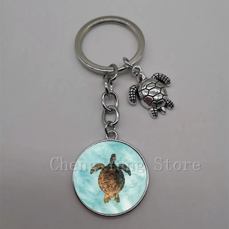 Marine life jewelry turtle dolphin shell keychain key ring glass convex round keychain charm turtle pendant Christmas gift