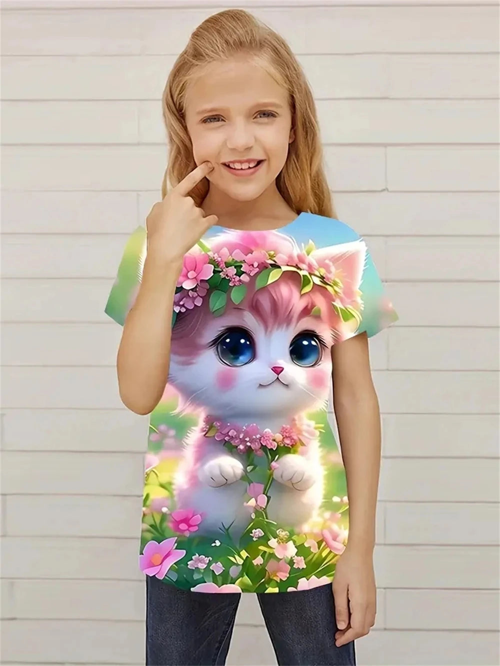 Neues T-Shirt mit 3D-Druck „Gartenkatzen“ für Mädchen, kurzärmelig, trendige Neuheit, T-Shirts für Kinder, Partyspaß, Alltags-T-Shirt, Mädchen-Oberteile, Kleidung 