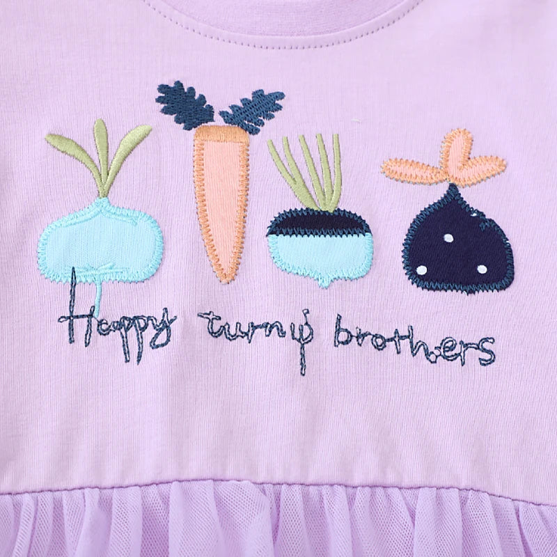 Little maven 2025 New Summer Children's Clothing Baby Girls Kids Clothes Cotton Embroidered Cartoon Carrots Purple Dresses