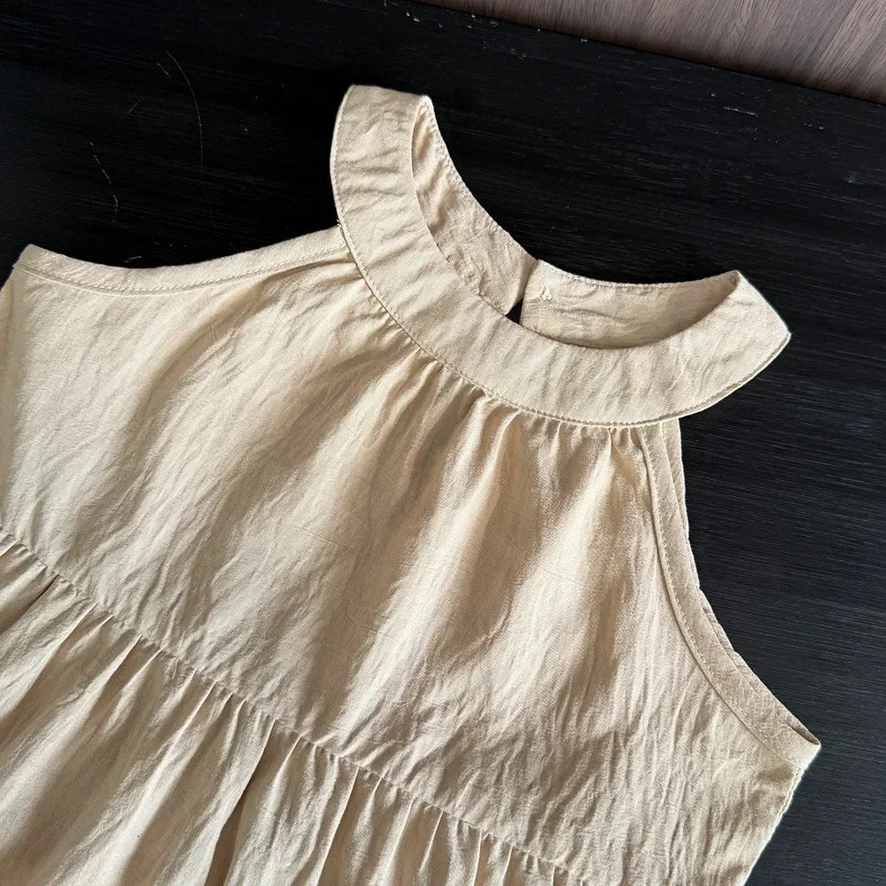 Summer Sleeveless Hanging Neck Girls Dress Khaki Casual Dresses