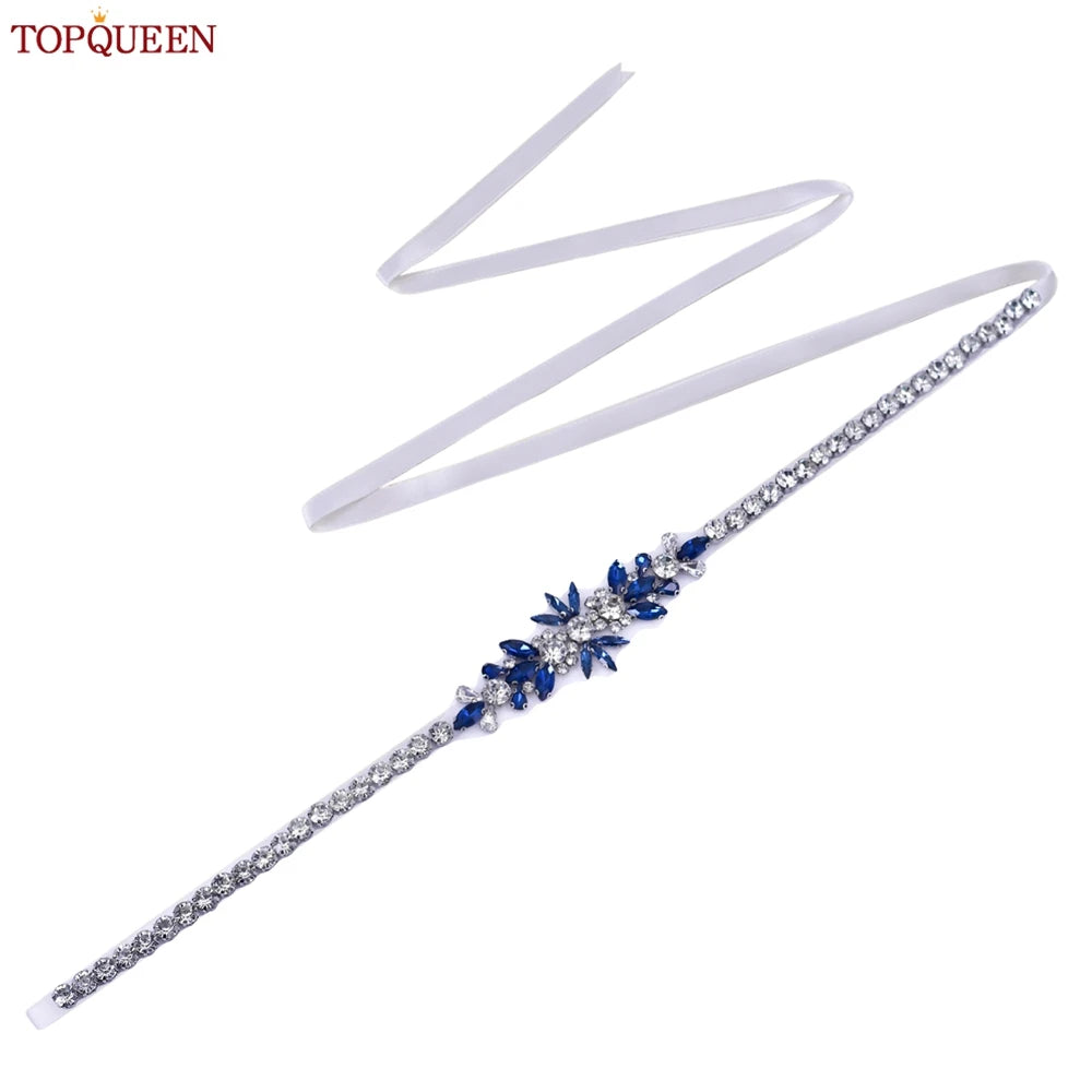 TOPQUEEN Blue Diamond Bridal Ribbon Belt Banquet Evening Dress Jewelry Sash Wedding Accessories Women Waist Decoration S166-ML