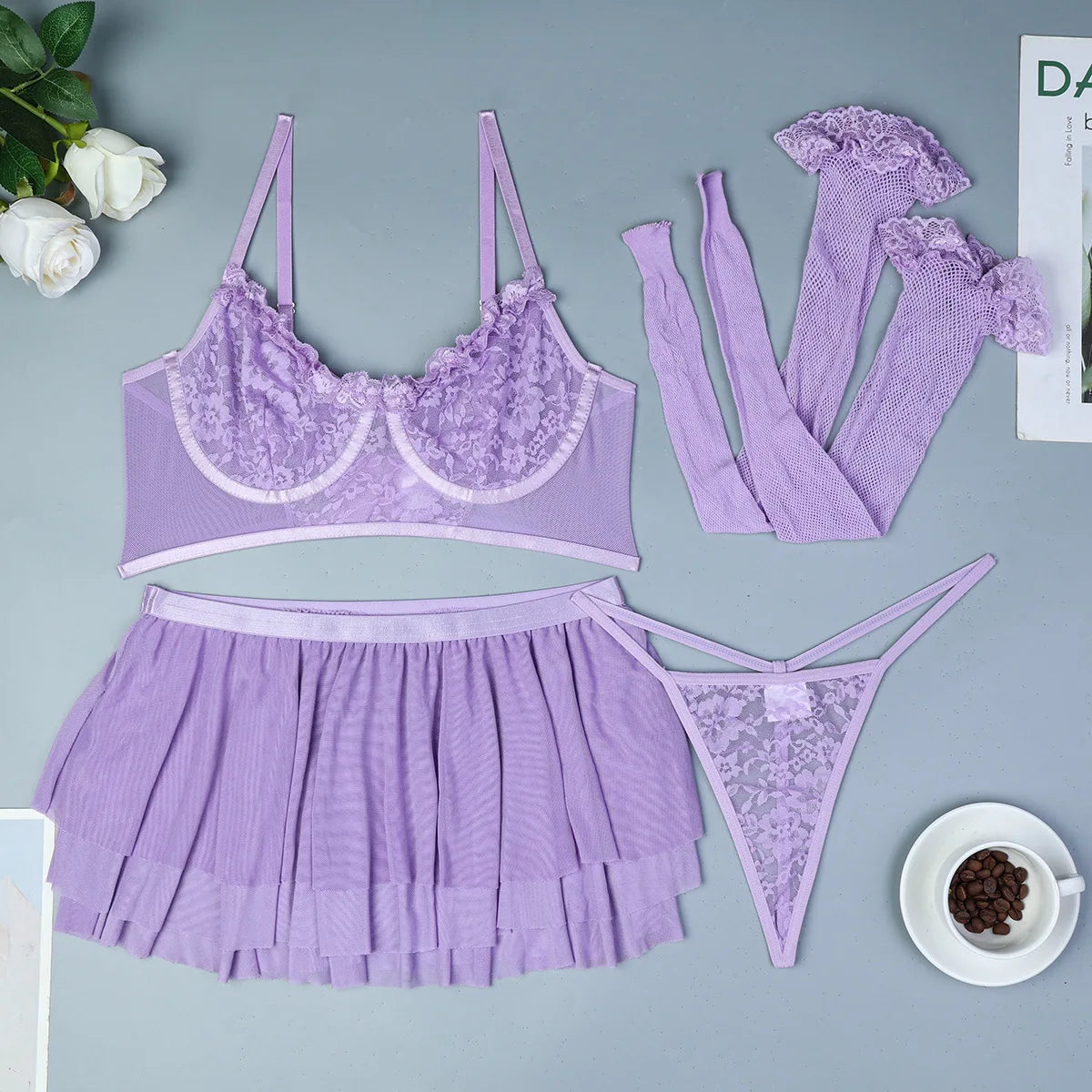 Sensual Lingerie Women Fancy Push Up Bra Underwear with Stocking Transparent Skirt Intimate Exotic Sets Fairy Luxury Lace Goods