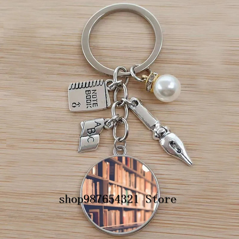 Classic Library Books Keychain Vintage Old Books Key Chain Librarians Key Ring Gift for Nerd Bookworm Writer Teacher