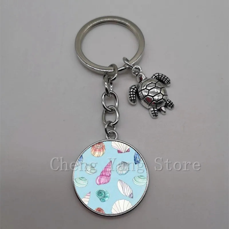 Marine life jewelry turtle dolphin shell keychain key ring glass convex round keychain charm turtle pendant Christmas gift