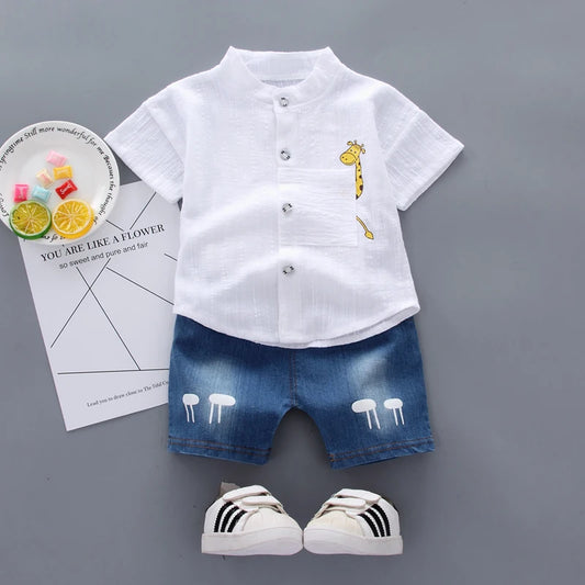 Neue Sommer Heißer Verkauf Kleinkind Kinder Baby Jungen Hemd Cartoon Tops Denim Shorts Hosen Outfits Set Baby Kleidung 