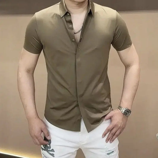Summer Fashion Handsome Trendy Men's Polo Collar Solid Color Short Sleeved Shirt - mon