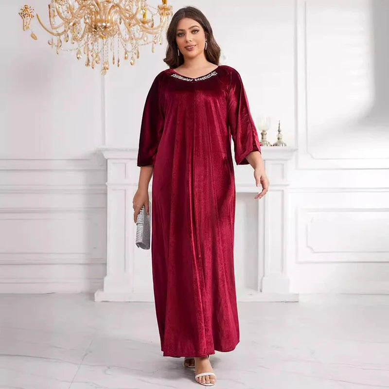 Vintage Loose Muslim Robe Fashion Casual Solid Velvet Red Long Dresses African Women Party Club Maxi Dress Islamic Clothing