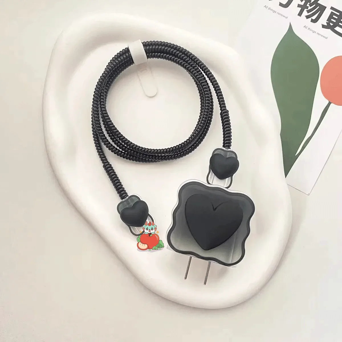 Charger Protector Cable Organiser for iPhone 14 13 Pro Max 18W 20W 3D Cartoon Love Heart Data Cable Management Cord Winder Kit