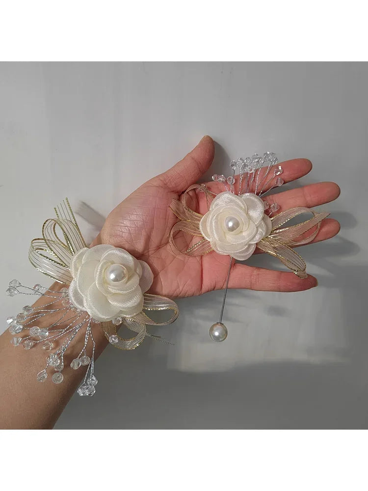 Romantic  Ivory Rose Wrist Flowers Men's Corsage Wedding Flowers Ceremony Boutonniere Buttonholes Wrist Corsage Prom Suit Decor
