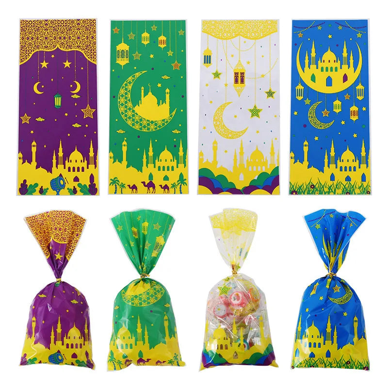 100PCS Eid Mubarak Plastic Candy Gift Bag Camel Moon Castle Cookie Bags Ramadan Kareem Decoration Islamic Muslim Party Supplies